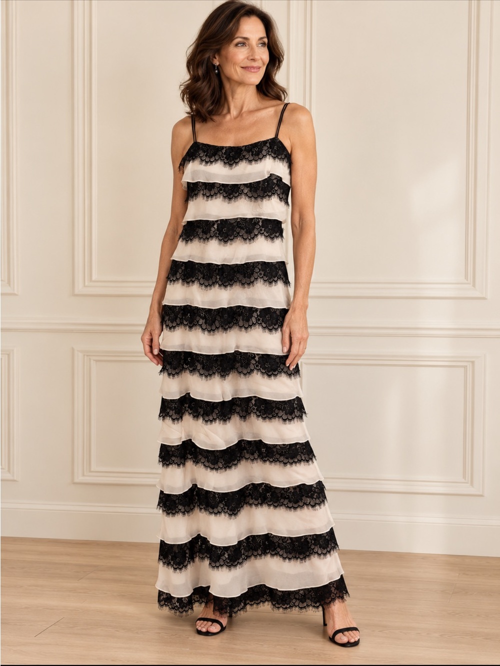 Tadashi black and ivory lace striped maxi dress
